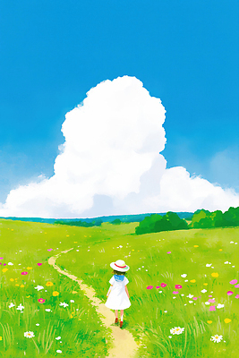 JPG 전신 구름 모자 드레스 여자 행복 길 여행 하늘색 꽃밭 일러스트 자연 하늘 휴식 한명 일상 뒷모습 초록색 걷기 여름풍경 산책 시골 국내일러스트 AI일러스트 AI콘텐츠 자연요소 1 잡화 옷 꽃 감정 뷰포인트 컬러 컨셉 모션 사람 풍경 라이프 파란색 생태계 파일형식 여름_계절