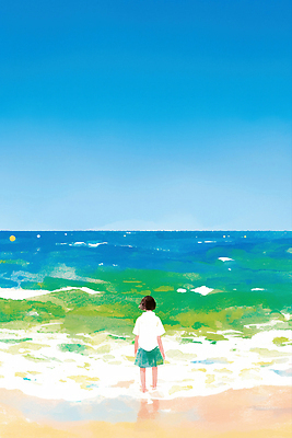 JPG 전신 여자 여유 어린이 모래 파도 일러스트 자연 하늘 바람 한명 서기 해변 뒷모습 파란색 평화 여름풍경 물거품 수평선 국내일러스트 AI일러스트 AI콘텐츠 자연요소 1 감정 바다 뷰포인트 컬러 컨셉 모션 날씨 사람 풍경 거품 생태계 파일형식 여름_계절