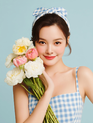 JPG 모델 편집이미지 여자 꽃다발 하늘색 밝음 한명 미소 들기 상반신 성인 청춘 뷰티 체크무늬 화사함 뷰티풀 청순 의료성형뷰티 성인여자한명만 편집실사 AI인물포토 AI콘텐츠 1 꽃 컨셉 무늬 모션 표정 사람 파란색 CG 여자한명만 성인여자만 파일형식 AI포토
