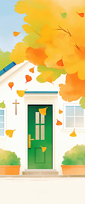 JPG 낙엽 일러스트 바람 주택 사람없음 문 주황색 고요 가을 떨어짐 편안함 은행잎 은행나무 감성 흩날리기 국내일러스트 AI일러스트 AI콘텐츠 자연요소 나무 계절 컬러 컨셉 잎 모션 날씨 건물 감각 파일형식
