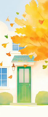 JPG 낙엽 일러스트 바람 주택 따뜻함 사람없음 햇빛 문 평화 고요 가을 떨어짐 은행잎 화사함 은행나무 감성 색감 흩날리기 국내일러스트 AI일러스트 AI콘텐츠 자연요소 나무 계절 컨셉 잎 모션 날씨 건물 태양 파일형식