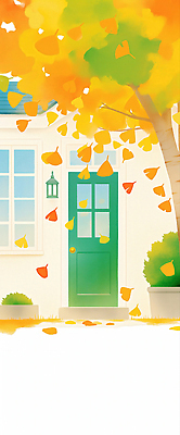 JPG 여유 낙엽 일러스트 바람 주택 따뜻함 사람없음 햇빛 문 가을 떨어짐 은행잎 은행나무 감성 색감 흩날리기 국내일러스트 AI일러스트 AI콘텐츠 자연요소 나무 계절 감정 컨셉 잎 모션 날씨 건물 태양 파일형식