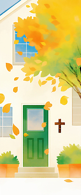 JPG 나무 십자가 단풍 낙엽 일러스트 바람 주택 사람없음 햇빛 문 고요 가을 떨어짐 감성 흩날리기 국내일러스트 AI일러스트 AI콘텐츠 자연요소 식물 계절 컨셉 잎 모션 날씨 건물 태양 파일형식