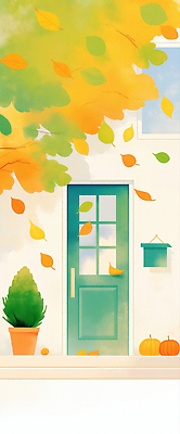 JPG 화분 낙엽 일러스트 호박 바람 나뭇잎 주택 따뜻함 풍경 사람없음 문 가을 분위기 떨어짐 감성 집앞 흩날리기 국내일러스트 AI일러스트 AI콘텐츠 자연요소 계절 컨셉 잎 채소 모션 날씨 건물 파일형식