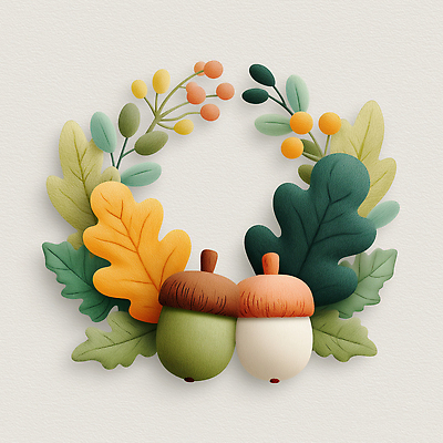 JPG 편집이미지 디자인 낙엽 따뜻함 사람없음 장식 3D 가을 오브젝트 도토리 리스장식 편집3D AI컴퓨터그래픽 AI콘텐츠 계절 잎 견과류 디지털합성 파일형식