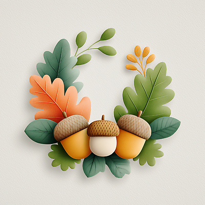 JPG 편집이미지 디자인 낙엽 나뭇잎 사람없음 장식 3D 가을 도토리 리스장식 편집3D AI컴퓨터그래픽 AI콘텐츠 계절 잎 견과류 디지털합성 파일형식