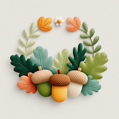 JPG 편집이미지 디자인 꽃 낙엽 사람없음 장식 3D 가을 공예 도토리 리스장식 창의성 편집3D AI컴퓨터그래픽 AI콘텐츠 식물 계절 잎 취미 견과류 디지털합성 파일형식