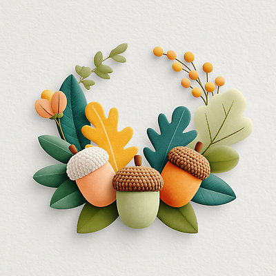 JPG 편집이미지 디자인 꽃 낙엽 나뭇잎 따뜻함 사람없음 장식 유행 3D 가을 소재 도토리 리스장식 편집3D AI컴퓨터그래픽 AI콘텐츠 식물 계절 잎 견과류 디지털합성 파일형식