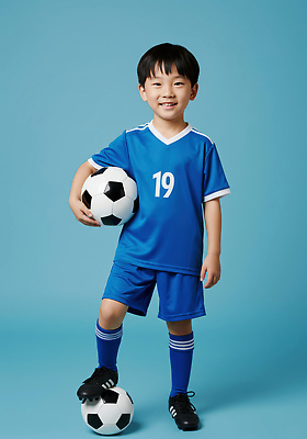 JPG 전신 편집이미지 남자 어린이 스포츠 하늘색 축구공 한명 미소 들기 소년 취미 운동 자신감 즐거움 축구복 축구화 밟기 축구유니폼 의료성형뷰티 소년한명만 편집실사 AI인물포토 AI콘텐츠 1 감정 운동화 유니폼 공 축구용품 모션 표정 건강 사람 파란색 운동복 축구 CG 남자한명만 소년만 파일형식 AI포토