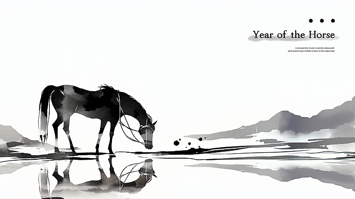 PSD 전통 여유 예술 일러스트 자연 산 흑백 수묵화 풍경 사람없음 반사 검은색 고요 말_동물 강가 그림 말띠 한국화 물마시기 국내일러스트 병오년 감정 컬러 포유류 촬영기법 미술 강 마시기 십이지신 동양화 생태계 파일형식 2026년