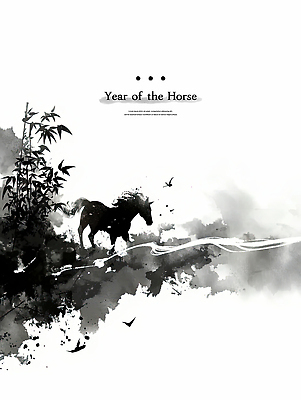 PSD 전통 예술 일러스트 자연 생명 흑백 수묵화 사람없음 검은색 고요 말_동물 대나무 말띠 한국화 국내일러스트 병오년 나무 컬러 포유류 촬영기법 미술 십이지신 동양화 생태계 파일형식 2026년