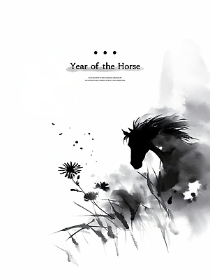 PSD 전통 꽃 예술 일러스트 자연 흑백 수묵화 사람없음 검은색 표현 말_동물 그림 말띠 한국화 국내일러스트 병오년 식물 컬러 포유류 촬영기법 미술 십이지신 동양화 생태계 파일형식 2026년