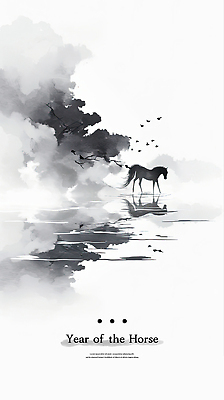 PSD 구름 전통 예술 일러스트 자연 조류 흑백 수묵화 사람없음 반사 검은색 고요 말_동물 수면 강가 그림 말띠 한국화 국내일러스트 병오년 자연요소 동물 컬러 포유류 촬영기법 미술 물 강 십이지신 동양화 생태계 파일형식 2026년