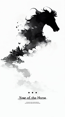 PSD 나무 구름 전통 실루엣 예술 일러스트 자연 흑백 수묵화 사람없음 검은색 고요 자유 표현 말_동물 우아함 말띠 한국화 국내일러스트 병오년 자연요소 식물 컬러 컨셉 포유류 촬영기법 미술 십이지신 동양화 생태계 파일형식 2026년