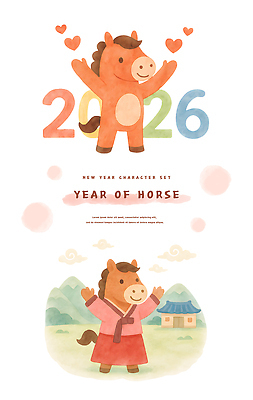 PSD 전통 일러스트 수채화 새해 산 한국 기와집 사랑 미소 사람없음 세트 귀여움 마을 기쁨 만세 하트 한복 말띠 일러캐릭터 병오년 붉은말 붉은말캐릭터 모양 캐릭터 한국전통 감정 아시아 컨셉 모션 한옥 표정 십이지신 말_동물 전통의상 말캐릭터 파일형식 2026년