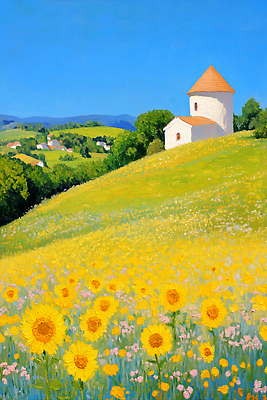 JPG 여유 꽃밭 일러스트 자연 하늘 해바라기 풍경 초원 사람없음 건물 햇빛 노란색 평화 마을 맑음 고요 시골 언덕 유화 화창 국내일러스트 AI일러스트 AI콘텐츠 건축물 꽃 감정 컬러 컨셉 날씨 미술 태양 생태계 파일형식