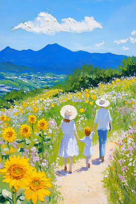 JPG 전신 구름 여자 남자 여행 꽃밭 일러스트 가족 자연 하늘 휴식 해바라기 산 사랑 초원 일상 세명 햇빛 소풍 손잡기 맑음 산책 산책로 들꽃 유화 챙모자 화창 국내일러스트 AI일러스트 AI콘텐츠 자연요소 모자_잡화 꽃 감정 길 컨셉 관계 모션 날씨 미술 사람 라이프 태양 야외활동 생태계 파일형식