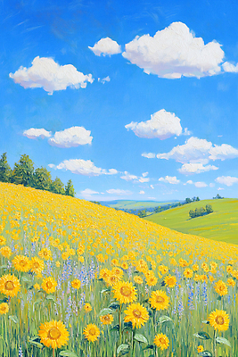 JPG 나무 구름 컬러 하늘색 꽃밭 밭 일러스트 자연 하늘 해바라기 풍경 초원 사람없음 일상 햇빛 노란색 평화 맑음 언덕 라벤더 드넓은 유화 화창 국내일러스트 AI일러스트 AI콘텐츠 자연요소 식물 꽃 컨셉 농업 날씨 미술 라이프 파란색 태양 허브 생태계 파일형식