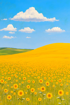 JPG 구름 하늘색 꽃밭 일러스트 자연 하늘 해바라기 초원 사람없음 햇빛 노란색 평화 맑음 언덕 드넓은 유화 풍요 화창 국내일러스트 AI일러스트 AI콘텐츠 자연요소 꽃 컬러 컨셉 날씨 미술 파란색 태양 생태계 파일형식