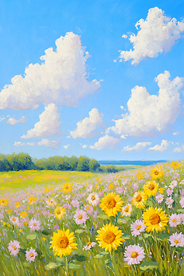 JPG 나무 구름 컬러 꽃밭 일러스트 자연 하늘 해바라기 초원 사람없음 햇빛 맑음 언덕 코스모스 만개 유화 화창 국내일러스트 AI일러스트 AI콘텐츠 자연요소 식물 꽃 날씨 미술 태양 생태계 파일형식