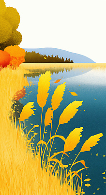 JPG 나무 호수 낙엽 일러스트 자연 단풍나무 산 갈대 초원 사람없음 노란색 평화 가을풍경 고요 흐름 숲 차분 국내일러스트 AI일러스트 AI콘텐츠 식물 컬러 컨셉 단풍 잎 풍경 생태계 파일형식 가을_계절
