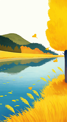 JPG 나무 단풍 낙엽 일러스트 자연 하늘 산 초원 사람없음 강 반사 노란색 평화 가을풍경 고요 숲 은행잎 은행나무 차분 국내일러스트 AI일러스트 AI콘텐츠 식물 컬러 컨셉 잎 풍경 생태계 파일형식 가을_계절