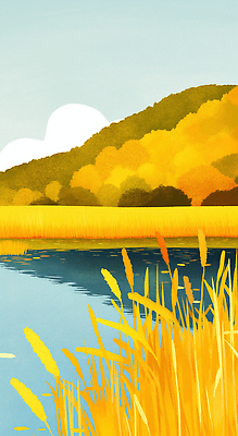 JPG 나무 호수 예술 단풍 일러스트 자연 산 갈대 초원 사람없음 그래픽 노란색 평화 가을풍경 은행나무 국내일러스트 AI일러스트 AI콘텐츠 식물 컬러 컨셉 잎 풍경 생태계 파일형식 가을_계절