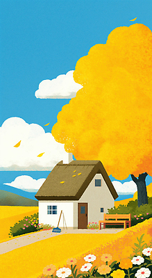 JPG 나무 구름 단풍 낙엽 꽃밭 벤치 일러스트 자연 하늘 휴식 나뭇잎 주택 초원 사람없음 노란색 가을풍경 고요 화단 은행나무 감성 국내일러스트 AI일러스트 AI콘텐츠 자연요소 식물 꽃 컬러 컨셉 잎 의자 풍경 건물 생태계 파일형식 가을_계절