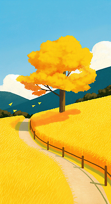 JPG 나무 여유 단풍 낙엽 일러스트 자연 하늘 산 초원 사람없음 울타리 노란색 평화 가을풍경 산책로 소나무 언덕 은행잎 은행나무 국내일러스트 AI일러스트 AI콘텐츠 식물 감정 길 컬러 컨셉 잎 풍경 담장 생태계 파일형식 가을_계절