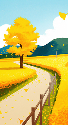 JPG 나무 구름 단풍 낙엽 일러스트 자연 하늘 산 초원 사람없음 울타리 노란색 평화 가을풍경 산책로 은행잎 은행나무 국내일러스트 AI일러스트 AI콘텐츠 자연요소 식물 길 컬러 컨셉 잎 풍경 담장 생태계 파일형식 가을_계절