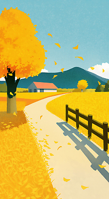 JPG 나무 구름 단풍 낙엽 일러스트 자연 나뭇잎 산 주택 초원 사람없음 울타리 노란색 가을풍경 고요 산책로 은행잎 은행나무 국내일러스트 AI일러스트 AI콘텐츠 자연요소 식물 길 컬러 잎 풍경 건물 담장 생태계 파일형식 가을_계절