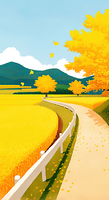 JPG 나무 단풍 낙엽 일러스트 자연 하늘 산 초원 사람없음 울타리 노란색 가을풍경 산책로 은행잎 은행나무 국내일러스트 AI일러스트 AI콘텐츠 식물 길 컬러 잎 풍경 담장 생태계 파일형식 가을_계절