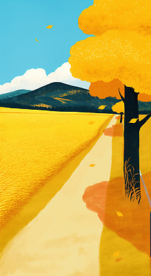 JPG 나무 여유 단풍 일러스트 자연 하늘 산 초원 사람없음 햇빛 노란색 가을풍경 고요 산책 산책로 은행나무 국내일러스트 AI일러스트 AI콘텐츠 식물 감정 길 컬러 잎 휴식 풍경 태양 생태계 파일형식 가을_계절