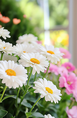 JPG 편집이미지 꽃밭 창문 자연 사람없음 햇빛 평화 정원 꽃집 원예 데이지 화사함 만개 편집실사 AI포토 AI콘텐츠 꽃 컨셉 취미 태양 상점 CG 생태계 파일형식