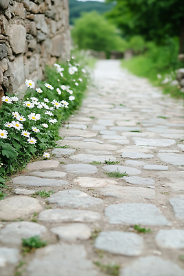 JPG 나무 편집이미지 길 자연 돌담 잔디 사람없음 평화 연습 데이지 시골길 돌길 편집실사 AI포토 AI콘텐츠 식물 꽃 컨셉 담장 돌_바위 CG 생태계 파일형식