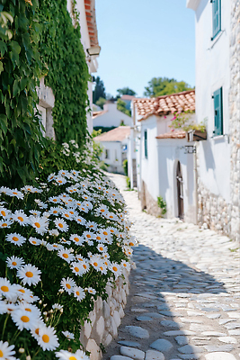 JPG 편집이미지 자연 주택 그림자 사람없음 햇빛 평화 마을 골목길 데이지 돌벽 조화 돌길 편집실사 AI포토 AI콘텐츠 꽃 길 벽 컨셉 건물 태양 CG 생태계 파일형식