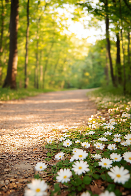 JPG 나무 편집이미지 꽃밭 자연 사람없음 햇빛 평화 산책로 숲속 숲 데이지 흙길 편집실사 AI포토 AI콘텐츠 식물 꽃 길 컨셉 태양 흙 CG 생태계 파일형식