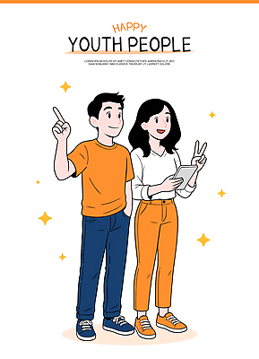 전신 여자 남자 행복 일러스트 협력 대화 미소 들기 청년 두명 친구 반짝임 스마트폰 주황색 에너지 가리킴 즐거움 주머니손 브이 소통 긍정적 흥미 스타일 일러캐릭터 AI파일 캐릭터 감정 컬러 컨셉 관계 모션 표정 말하기 사람 손짓 성인 핸드폰 스마트기기 파일형식 벡터