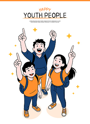 전신 여자 남자 행복 일러스트 배낭 손가락 응원 협력 미소 웃음 청년 세명 친구 반짝임 하이앵글 파이팅 주황색 기쁨 올려보기 가리킴 즐거움 소통 긍정적 일러캐릭터 AI파일 캐릭터 손 감정 뷰포인트 컬러 컨셉 가방 관계 모션 표정 사람 손짓 성인 파일형식 벡터