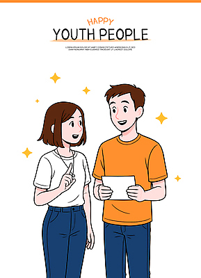 여자 남자 행복 종이 일러스트 대화 미소 들기 청년 두명 친구 반짝임 청춘 주황색 기쁨 만남 가리킴 즐거움 소통 소셜 일러캐릭터 AI파일 캐릭터 감정 컬러 컨셉 관계 모션 표정 말하기 사람 손짓 성인 파일형식 벡터