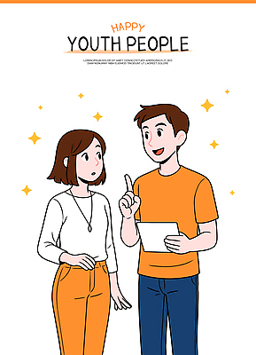 여자 남자 행복 백그라운드 일러스트 대화 미소 들기 청년 두명 캐주얼 친구 반짝임 주황색 가리킴 토론 즐거움 의견 소통 일러캐릭터 모름 AI파일 캐릭터 옷 감정 컬러 컨셉 관계 모션 표정 말하기 사람 손짓 성인 파일형식 벡터