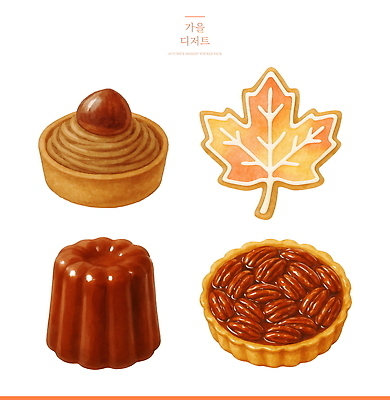 PSD 음식 단풍 일러스트 사람없음 쿠키 과자 가을 달콤 밤 몽블랑 타르트 피칸파이 맛있는 까눌레 국내일러스트 계절 빵 잎 디저트 견과류 맛 파이_빵 파일형식