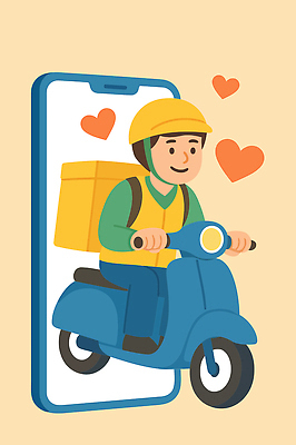 남자 행복 일러스트 모바일 기술 사랑 한명 웃음 스마트폰 상자 기쁨 운전 스쿠터 배달원 배송 서비스 편리함 국내일러스트 AI파일 직업 1 감정 컨셉 모션 표정 사람 핸드폰 스마트기기 오토바이 파일형식 벡터