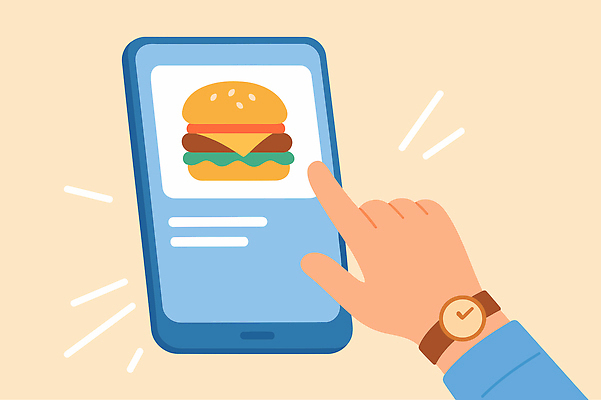 손 일러스트 손가락 기술 신체부위 스마트폰 디지털 식사 터치 햄버거 어플리케이션 소비 배송 주문 편리함 소통 국내일러스트 AI파일 컨셉 패스트푸드 사람 핸드폰 스마트기기 파일형식 벡터