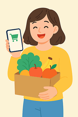 여자 채소 과일 일러스트 바나나 한명 들기 일상 스마트폰 장보기 상자 시장 사과 고객 즐거움 국내일러스트 AI파일 1 감정 모션 사람 라이프 핸드폰 스마트기기 파일형식 벡터