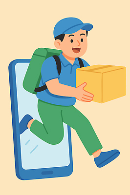 남자 일러스트 기술 한명 들기 스마트폰 상자 상점 구매 고객 배송 서비스 택배 온라인 편리함 소통 국내일러스트 AI파일 1 컨셉 모션 사람 핸드폰 스마트기기 쇼핑 운송업 파일형식 벡터