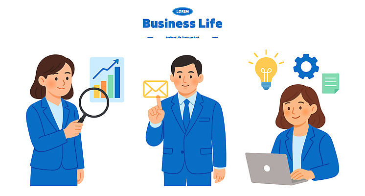 직업 여자 남자 일러스트 전구 돋보기 회의 그래프 협력 아이디어 직장 들기 정장 세명 파란색 노트북 사무실 자료 정보 업무 비즈니스맨 비즈니스우먼 이메일 분석 소통 경영 해결책 일러캐릭터 AI파일 캐릭터 옷 컬러 컨셉 회사 비즈니스 모션 사람 전자제품 작업 직장인 방법 파일형식 벡터