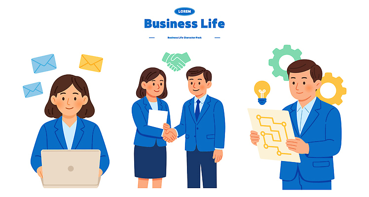 무료이미지 여자 남자 일러스트 회의 협력 악수 아이디어 기술 들기 정장 여러명 파란색 노트북 사무실 손잡기 자료 작업 비즈니스맨 비즈니스우먼 이메일 계획 문서 창의성 일러캐릭터 AI파일 캐릭터 옷 컬러 다수 컨셉 비즈니스 모션 사람 손짓 전자제품 직장인 파일형식 벡터 무료콘텐츠