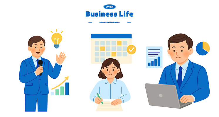 여자 남자 일러스트 전구 회의 커뮤니케이션 그래프 협력 아이디어 들기 정장 세명 파란색 노트북 사무실 자료 달력 기록 업무 비즈니스맨 비즈니스우먼 계획 프레젠테이션 분석 마이크 일러캐릭터 AI파일 캐릭터 옷 컬러 음향기기 컨셉 비즈니스 모션 사람 전자제품 작업 직장인 파일형식 벡터