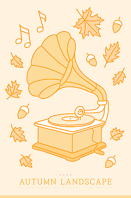 디자인 예술 단풍 낙엽 음표 라인일러스트 일러스트 자연 나뭇잎 따뜻함 사람없음 주황색 소리 가을 레코드 빈티지 분위기 라인아트 도토리 축음기 턴테이블 국내일러스트 AI파일 기호 계절 선 음악 컬러 음향기기 컨셉 잎 견과류 골동품 음반 생태계 파일형식 벡터